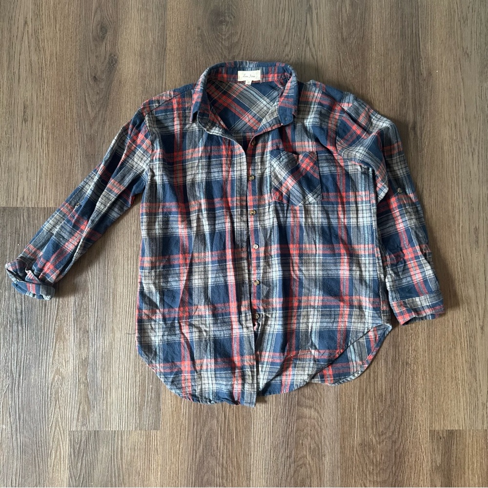 Love Notes Plaid Button Up Shirt Women's Size Small Navy Red Casual Long Sleeve